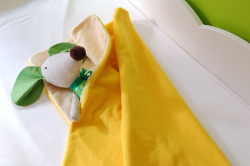 Soft yellow baby blanket and softie mouse